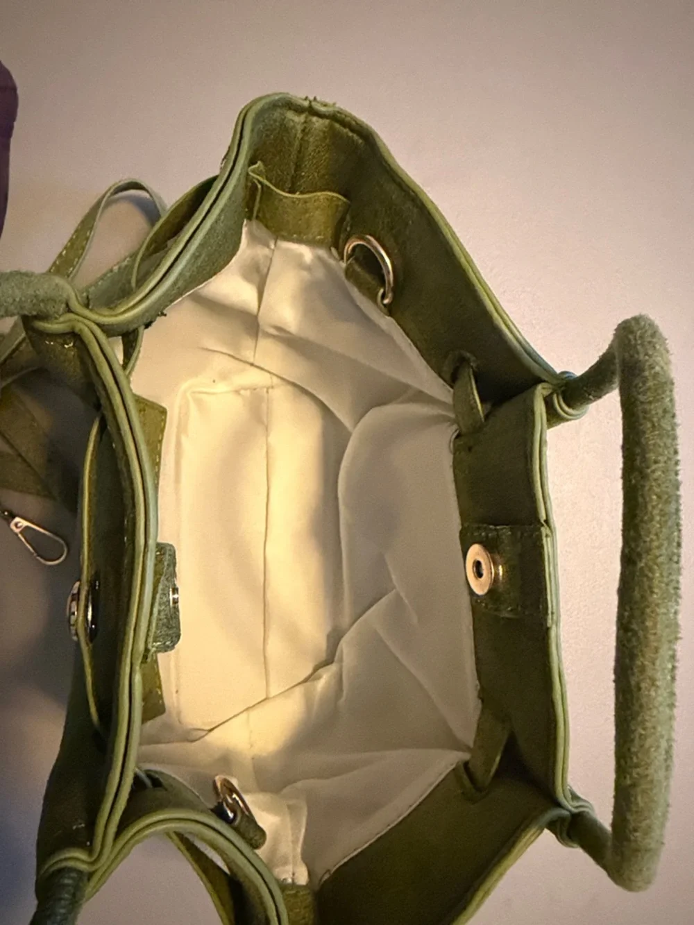 New Olive Green Mini Faux Suede Top-Handle Bucket Bag W/ strap - Picture 2 of 9